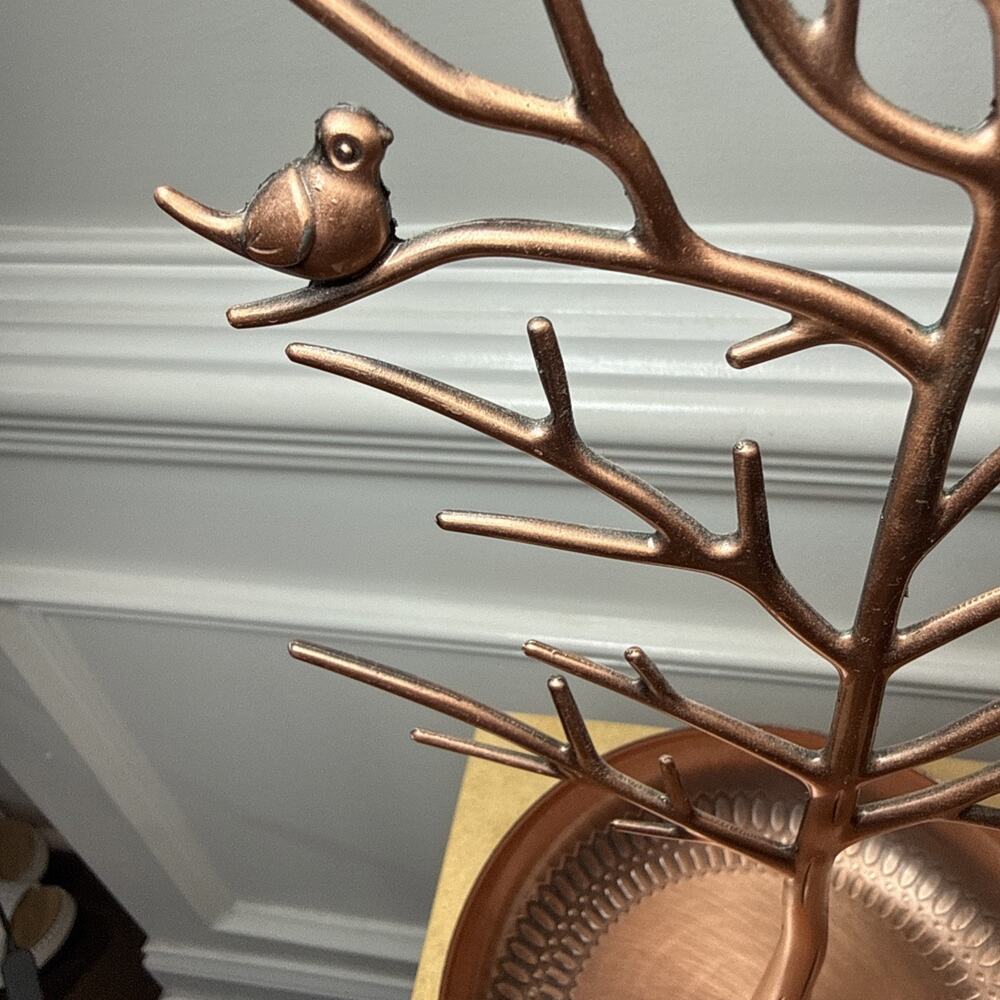 Copper Tone Bird Tree Jewelry Holder Organizer Trinket Dish Necklace Stand - Picture 5 of 8